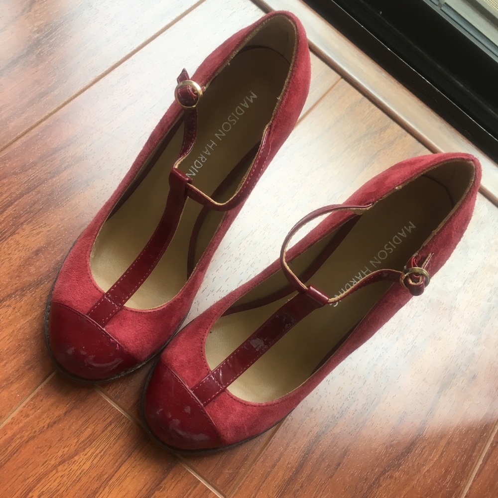 Madison Harding Emma T-Strap Wedges in Burgundy